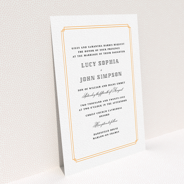 A personalised wedding invite called "Simplistic Notch Frame". It is an A6 invite in a portrait orientation. "Simplistic Notch Frame" is available as a flat invite, with tones of orange and white.