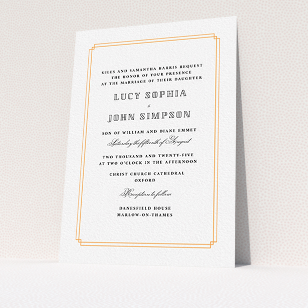A personalised wedding invite called "Simplistic Notch Frame". It is an A6 invite in a portrait orientation. "Simplistic Notch Frame" is available as a flat invite, with tones of orange and white.