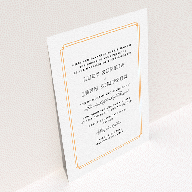 A personalised wedding invite called "Simplistic Notch Frame". It is an A6 invite in a portrait orientation. "Simplistic Notch Frame" is available as a flat invite, with tones of orange and white.