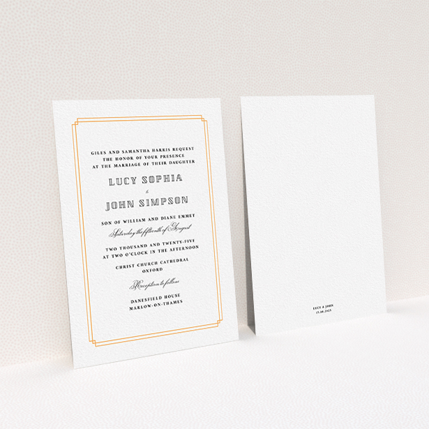A personalised wedding invite called "Simplistic Notch Frame". It is an A6 invite in a portrait orientation. "Simplistic Notch Frame" is available as a flat invite, with tones of orange and white.