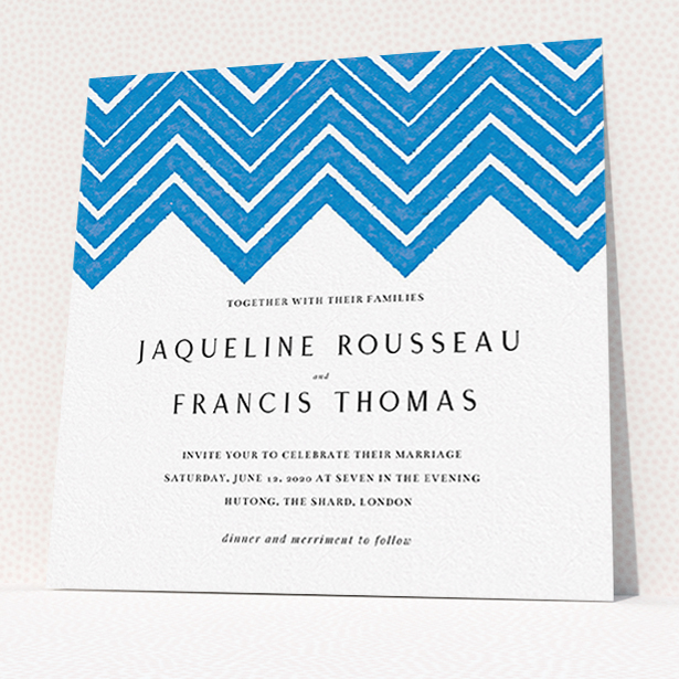 A personalised wedding invite design titled "Skiapthos". It is a square (148mm x 148mm) invite in a square orientation. "Skiapthos" is available as a flat invite, with tones of blue and white.