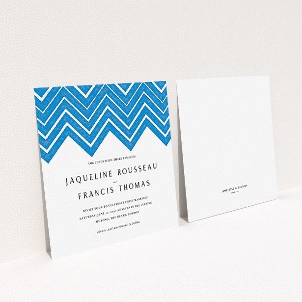 A personalised wedding invite design titled "Skiapthos". It is a square (148mm x 148mm) invite in a square orientation. "Skiapthos" is available as a flat invite, with tones of blue and white.