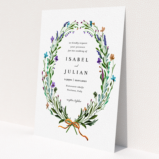 A personalised wedding invite design named 'Spring Wreath'. It is an A6 invite in a portrait orientation. 'Spring Wreath' is available as a flat invite, with tones of green and purple.
