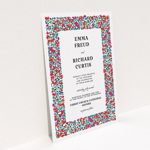 A personalised wedding invite design titled "Summer from a distance". It is an A6 invite in a portrait orientation. "Summer from a distance" is available as a flat invite, with tones of white and red.