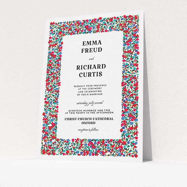 A personalised wedding invite design titled "Summer from a distance". It is an A6 invite in a portrait orientation. "Summer from a distance" is available as a flat invite, with tones of white and red.