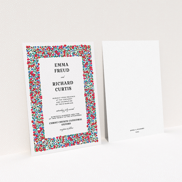 A personalised wedding invite design titled "Summer from a distance". It is an A6 invite in a portrait orientation. "Summer from a distance" is available as a flat invite, with tones of white and red.