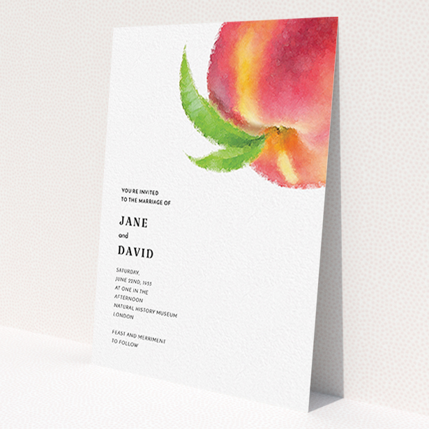 A personalised wedding invite template titled 'Summer peach'. It is an A6 invite in a portrait orientation. 'Summer peach' is available as a flat invite, with tones of white, orange and green.