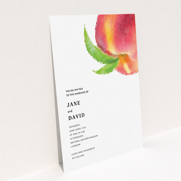 A personalised wedding invite template titled "Summer peach". It is an A6 invite in a portrait orientation. "Summer peach" is available as a flat invite, with tones of white, orange and green.
