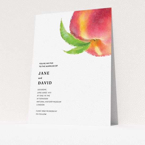 A personalised wedding invite template titled "Summer peach". It is an A6 invite in a portrait orientation. "Summer peach" is available as a flat invite, with tones of white, orange and green.