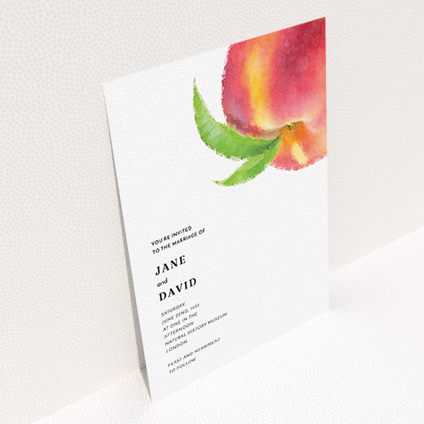 A personalised wedding invite template titled "Summer peach". It is an A6 invite in a portrait orientation. "Summer peach" is available as a flat invite, with tones of white, orange and green.