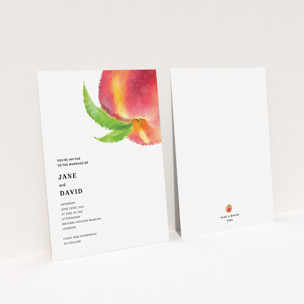 A personalised wedding invite template titled "Summer peach". It is an A6 invite in a portrait orientation. "Summer peach" is available as a flat invite, with tones of white, orange and green.