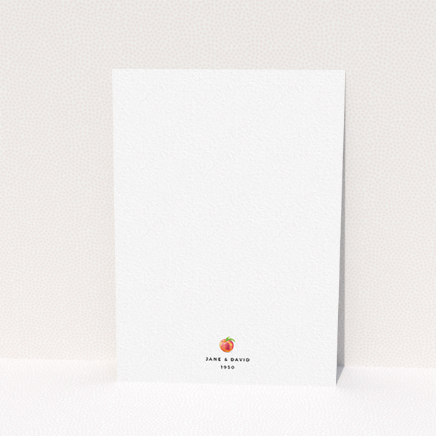 A personalised wedding invite template titled "Summer peach". It is an A6 invite in a portrait orientation. "Summer peach" is available as a flat invite, with tones of white, orange and green.
