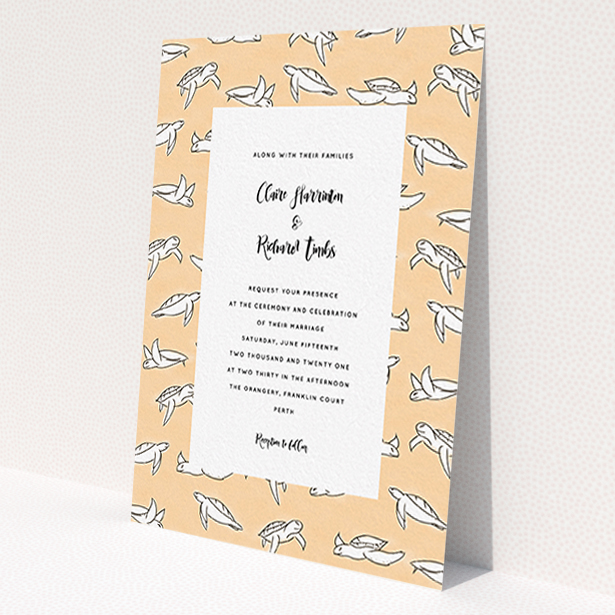 A personalised wedding invite named 'Sunset Turtles'. It is an A6 invite in a portrait orientation. 'Sunset Turtles' is available as a flat invite, with tones of faded orange and white.