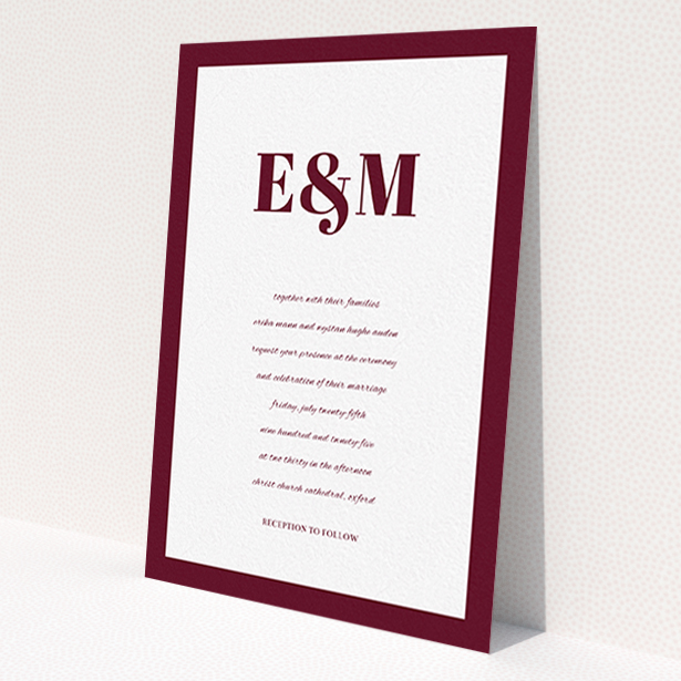 A personalised wedding invite called 'Take on the sides'. It is an A6 invite in a portrait orientation. 'Take on the sides' is available as a flat invite, with tones of burgundy and white.
