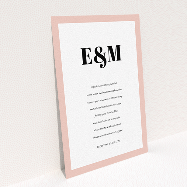 A personalised wedding invite design titled "Take on the sides". It is an A6 invite in a portrait orientation. "Take on the sides" is available as a flat invite, with tones of pink, white and black.
