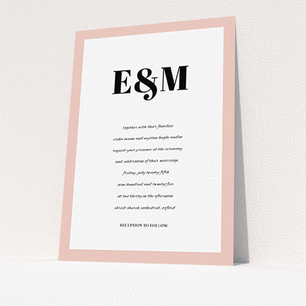 A personalised wedding invite design titled "Take on the sides". It is an A6 invite in a portrait orientation. "Take on the sides" is available as a flat invite, with tones of pink, white and black.