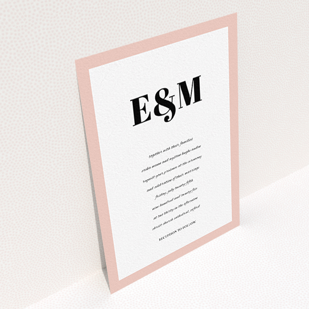 A personalised wedding invite design titled "Take on the sides". It is an A6 invite in a portrait orientation. "Take on the sides" is available as a flat invite, with tones of pink, white and black.