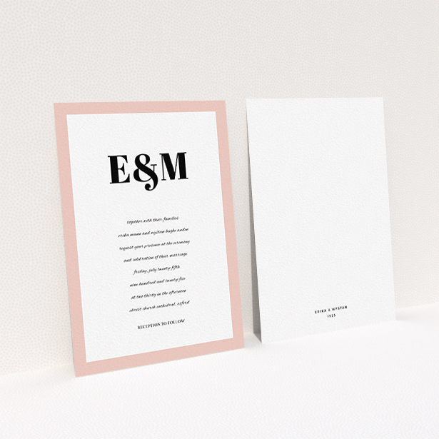 A personalised wedding invite design titled "Take on the sides". It is an A6 invite in a portrait orientation. "Take on the sides" is available as a flat invite, with tones of pink, white and black.