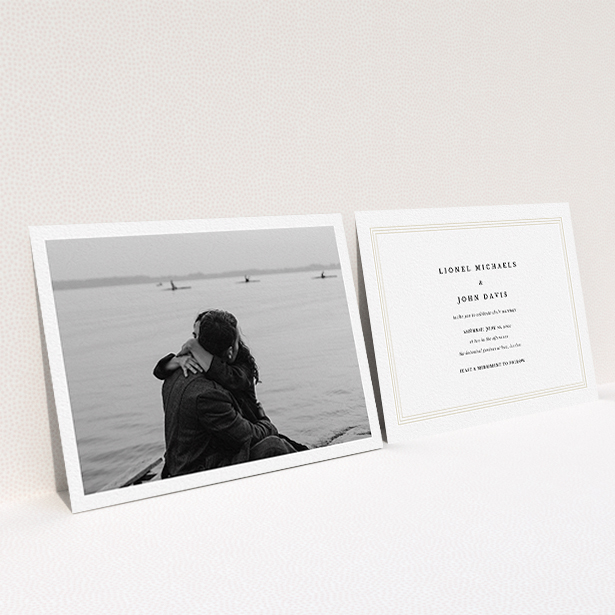 A personalised wedding invite design called "Thick White Framed Photo". It is an A6 invite in a landscape orientation. It is a photographic personalised wedding invite with room for 1 photo. "Thick White Framed Photo" is available as a flat invite.