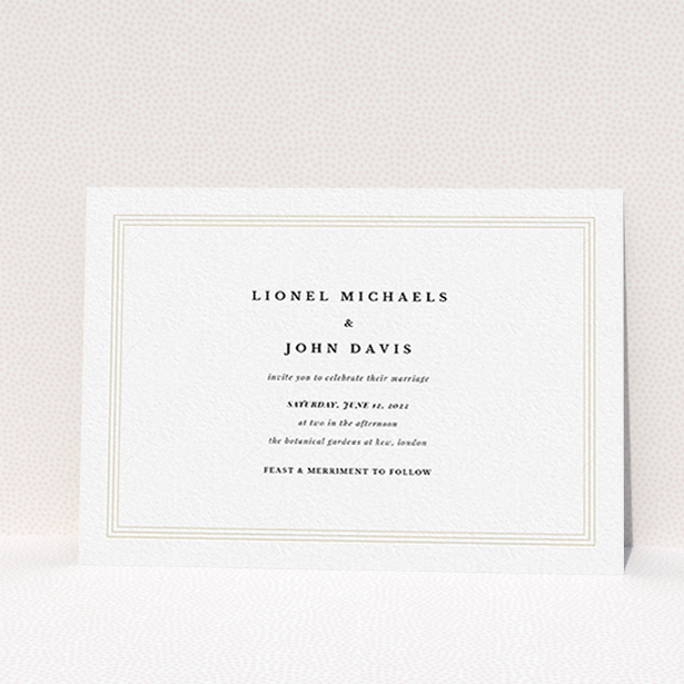 A personalised wedding invite design called "Thick White Framed Photo". It is an A6 invite in a landscape orientation. It is a photographic personalised wedding invite with room for 1 photo. "Thick White Framed Photo" is available as a flat invite.