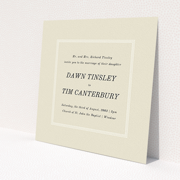 A personalised wedding invite template titled 'Three line border'. It is a square (148mm x 148mm) invite in a square orientation. 'Three line border' is available as a flat invite, with mainly dark cream colouring.