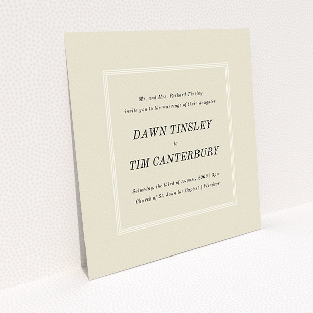 A personalised wedding invite template titled "Three line border". It is a square (148mm x 148mm) invite in a square orientation. "Three line border" is available as a flat invite, with mainly dark cream colouring.