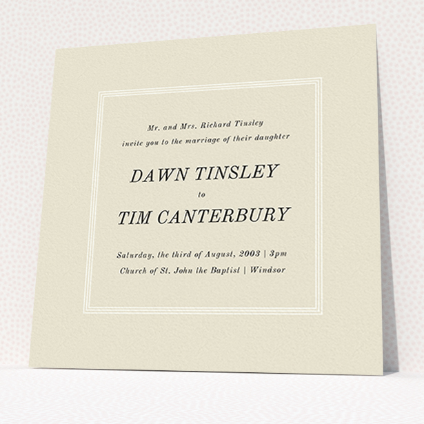 A personalised wedding invite template titled "Three line border". It is a square (148mm x 148mm) invite in a square orientation. "Three line border" is available as a flat invite, with mainly dark cream colouring.