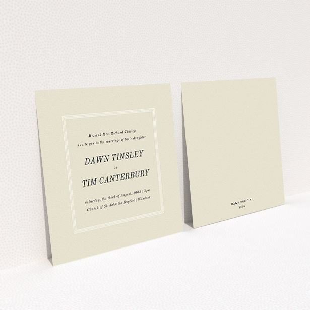 A personalised wedding invite template titled "Three line border". It is a square (148mm x 148mm) invite in a square orientation. "Three line border" is available as a flat invite, with mainly dark cream colouring.