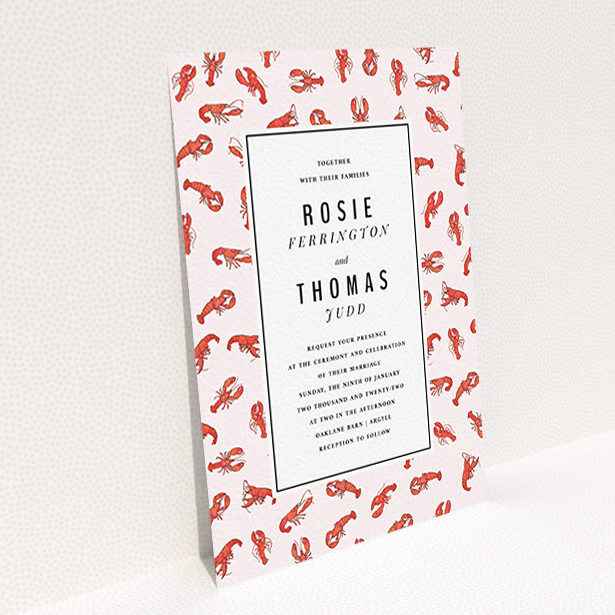 A personalised wedding invite design called "Tiny, Tiny Lobsters". It is an A6 invite in a portrait orientation. "Tiny, Tiny Lobsters" is available as a flat invite, with tones of red and pink.