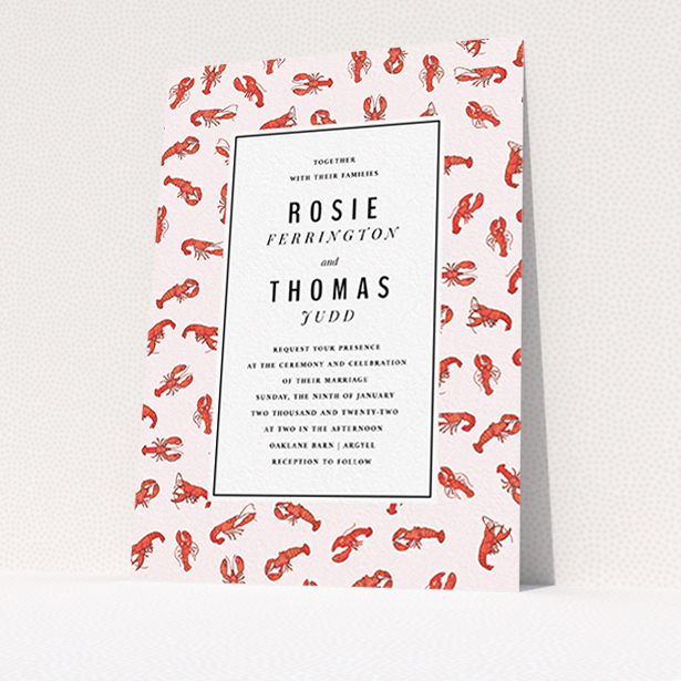 A personalised wedding invite design called "Tiny, Tiny Lobsters". It is an A6 invite in a portrait orientation. "Tiny, Tiny Lobsters" is available as a flat invite, with tones of red and pink.