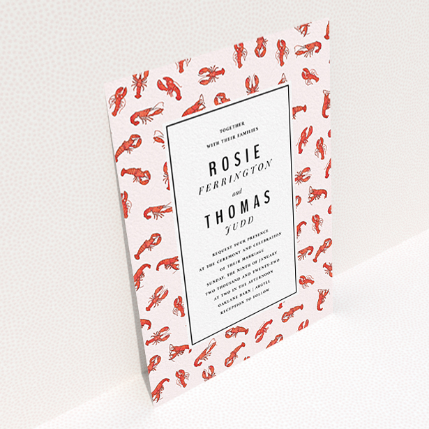A personalised wedding invite design called "Tiny, Tiny Lobsters". It is an A6 invite in a portrait orientation. "Tiny, Tiny Lobsters" is available as a flat invite, with tones of red and pink.