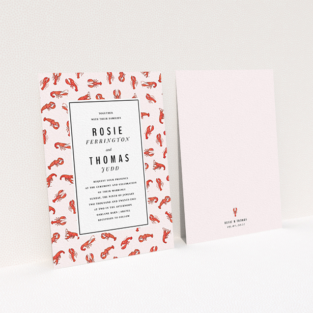 A personalised wedding invite design called "Tiny, Tiny Lobsters". It is an A6 invite in a portrait orientation. "Tiny, Tiny Lobsters" is available as a flat invite, with tones of red and pink.