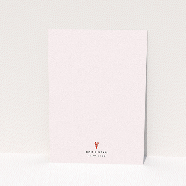 A personalised wedding invite design called "Tiny, Tiny Lobsters". It is an A6 invite in a portrait orientation. "Tiny, Tiny Lobsters" is available as a flat invite, with tones of red and pink.
