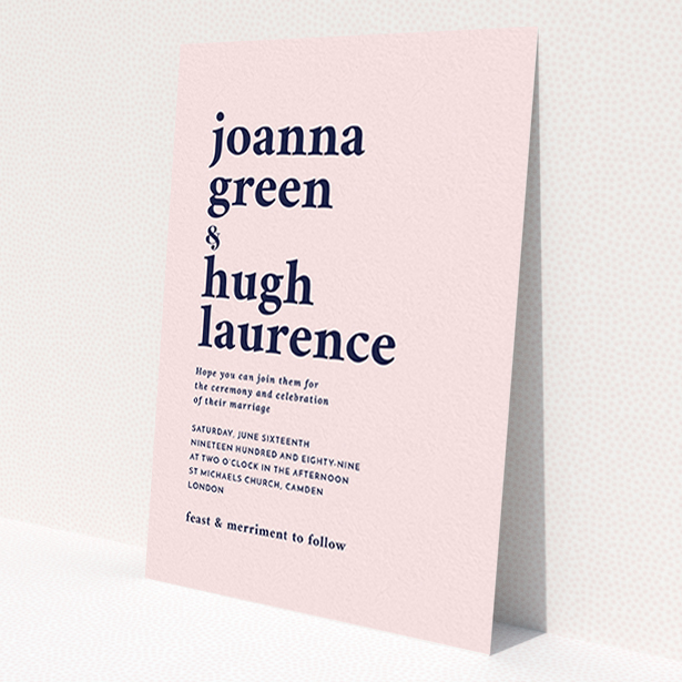 A personalised wedding invite called 'To the left'. It is an A6 invite in a portrait orientation. 'To the left' is available as a flat invite, with mainly pink colouring.