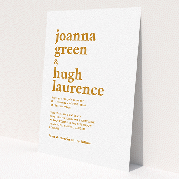 A personalised wedding invite design called 'To the left'. It is an A6 invite in a portrait orientation. 'To the left' is available as a flat invite, with tones of white and orange.