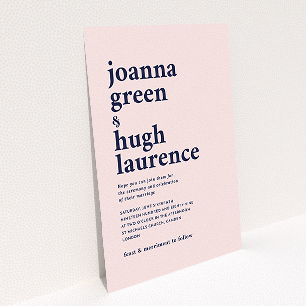 A personalised wedding invite called "To the left". It is an A6 invite in a portrait orientation. "To the left" is available as a flat invite, with mainly pink colouring.