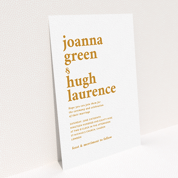 A personalised wedding invite design called "To the left". It is an A6 invite in a portrait orientation. "To the left" is available as a flat invite, with tones of white and orange.
