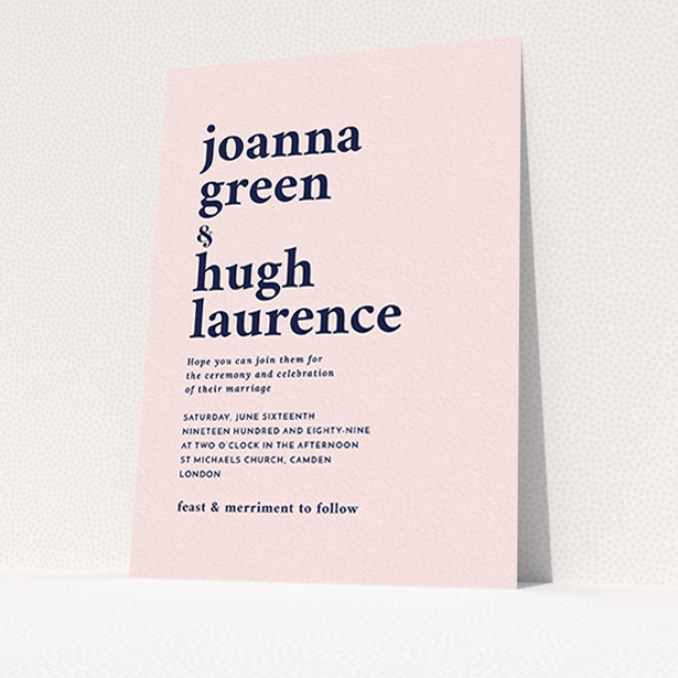 A personalised wedding invite called "To the left". It is an A6 invite in a portrait orientation. "To the left" is available as a flat invite, with mainly pink colouring.
