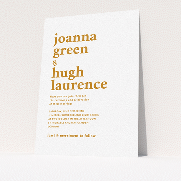 A personalised wedding invite design called "To the left". It is an A6 invite in a portrait orientation. "To the left" is available as a flat invite, with tones of white and orange.