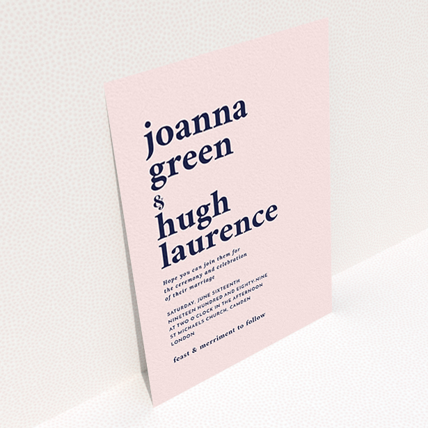 A personalised wedding invite called "To the left". It is an A6 invite in a portrait orientation. "To the left" is available as a flat invite, with mainly pink colouring.