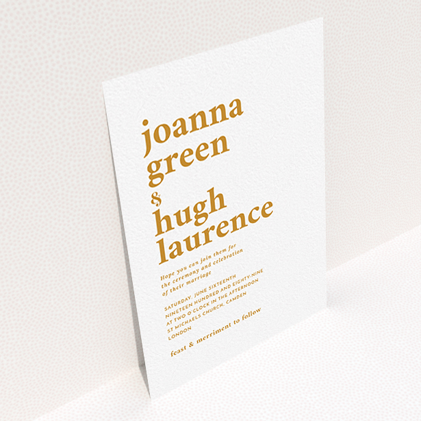 A personalised wedding invite design called "To the left". It is an A6 invite in a portrait orientation. "To the left" is available as a flat invite, with tones of white and orange.