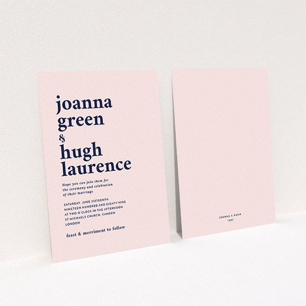 A personalised wedding invite called "To the left". It is an A6 invite in a portrait orientation. "To the left" is available as a flat invite, with mainly pink colouring.