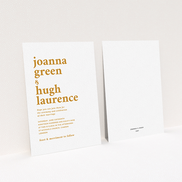 A personalised wedding invite design called "To the left". It is an A6 invite in a portrait orientation. "To the left" is available as a flat invite, with tones of white and orange.