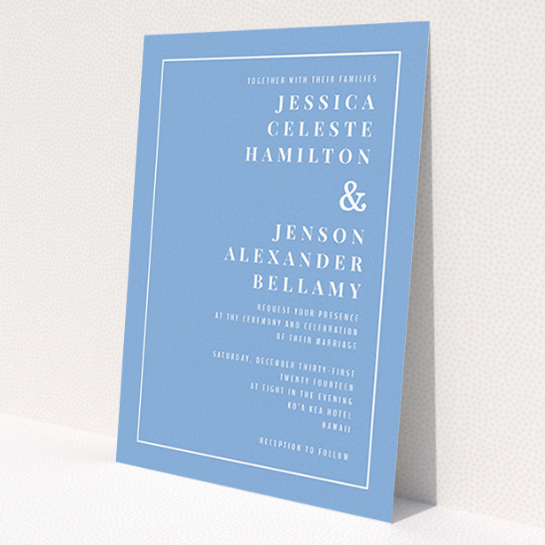 A personalised wedding invite called 'To the right'. It is an A6 invite in a portrait orientation. 'To the right' is available as a flat invite, with tones of blue and white.