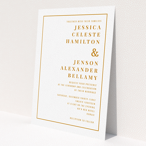 A personalised wedding invite design titled 'To the right'. It is an A6 invite in a portrait orientation. 'To the right' is available as a flat invite, with tones of white and orange.