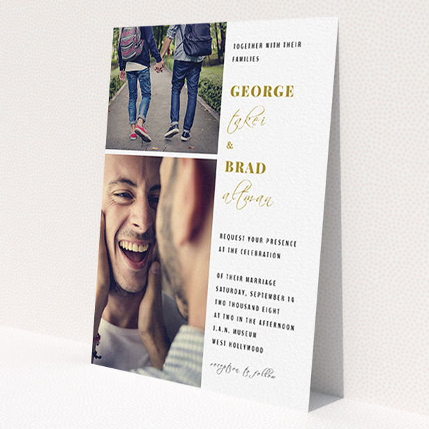 A personalised wedding invite design called 'Together again'. It is an A6 invite in a portrait orientation. It is a photographic personalised wedding invite with room for 2 photos. 'Together again' is available as a flat invite, with tones of white and gold.
