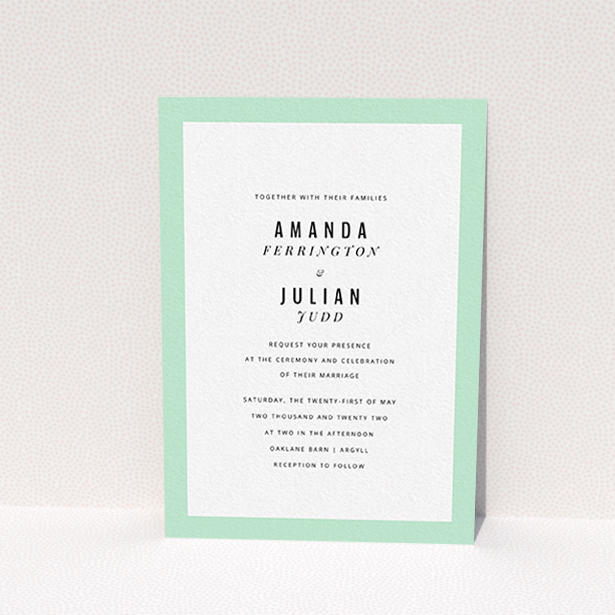 A personalised wedding invite named "Tramlines". It is an A6 invite in a portrait orientation. It is a photographic personalised wedding invite with room for 1 photo. "Tramlines" is available as a flat invite, with mainly white colouring.