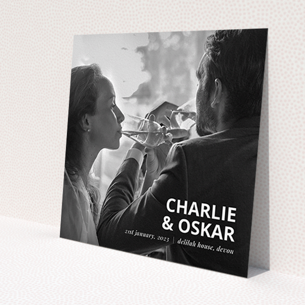 A photo wedding thank you card template titled 'Bold Photo Corner'. It is a square (148mm x 148mm) card in a square orientation. It is a photographic photo wedding thank you card with room for 1 photo. 'Bold Photo Corner' is available as a flat card, with mainly white colouring.