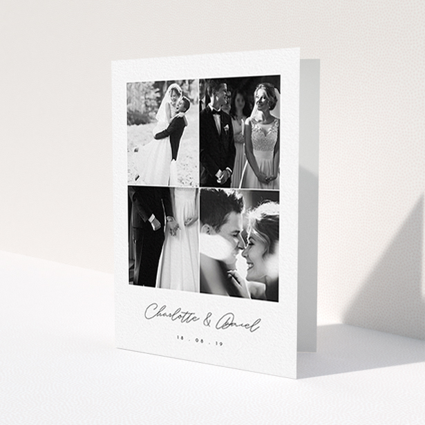 A photo wedding thank you card called 'Box Chic'. It is an A6 card in a portrait orientation. It is a photographic photo wedding thank you card with room for 3 photos. 'Box Chic' is available as a folded card, with tones of black and white.