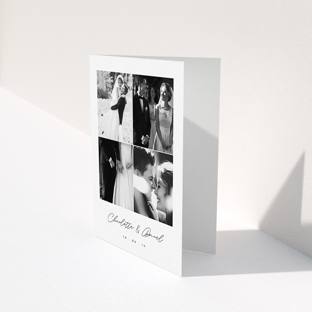 A photo wedding thank you card called "Box Chic". It is an A6 card in a portrait orientation. It is a photographic photo wedding thank you card with room for 3 photos. "Box Chic" is available as a folded card, with tones of black and white.